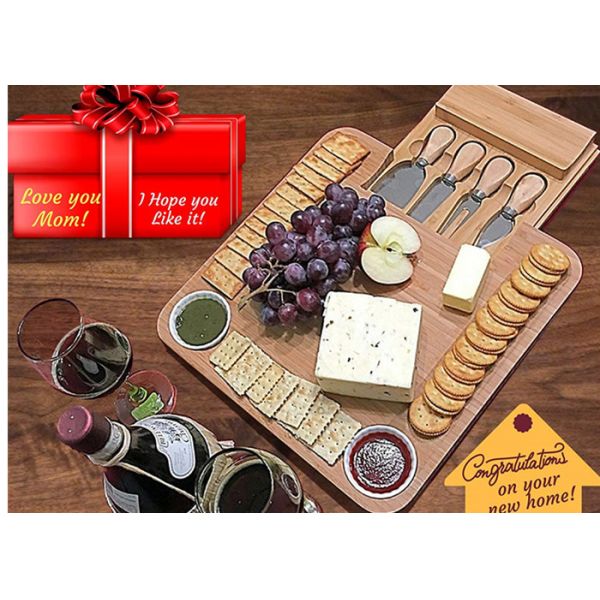 Antibacterial Bamboo Cheese Board With Knives Wood Charcuterie Platter & Meat