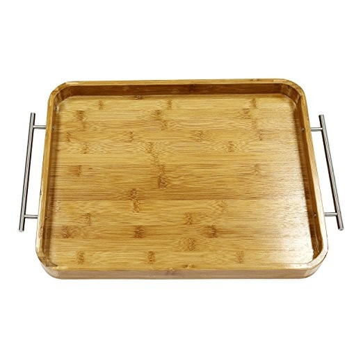 Bamboo breakfast butler serving tray with stainless steel handles