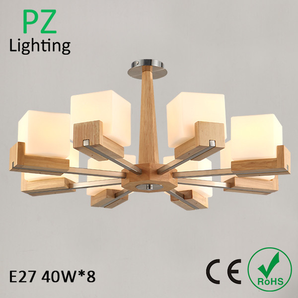 8 arms Oak wood ceiling lamp wood chandelier lighting with glass shade chrome finishing