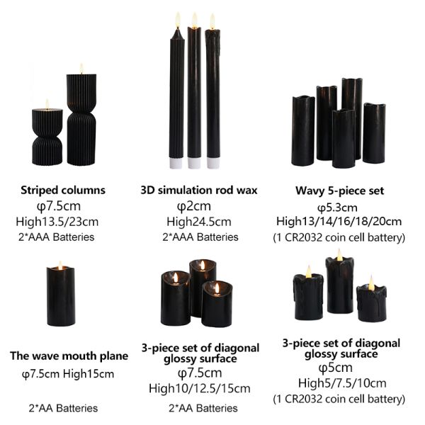 4 5 6 7 8 9 Inch Battery Operated Pillar Candles Black Flickering Flameless Wax Pillar Candles