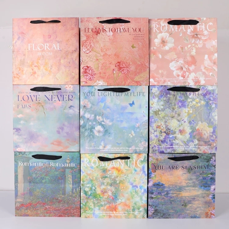 Oil Painting Style Floral Paper Gift Bags With Ribbon Handles For Retail