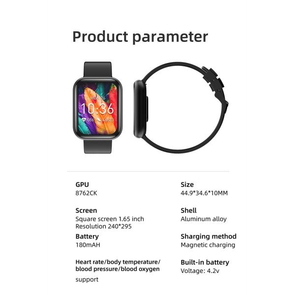 1.65inch IP67 Square Shape Smartwatch with Aluminum Alloy Shell