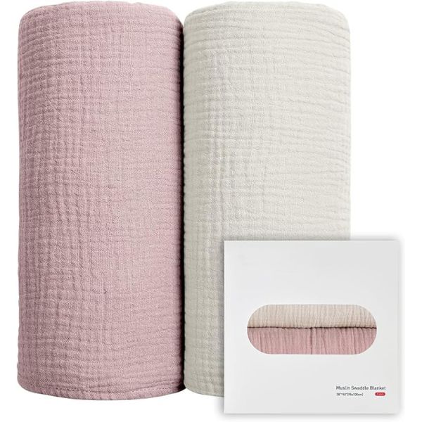 Muslin Swaddle Blankets for Girls, 2-Pack Organic Baby Blankets 40 x 38 inches