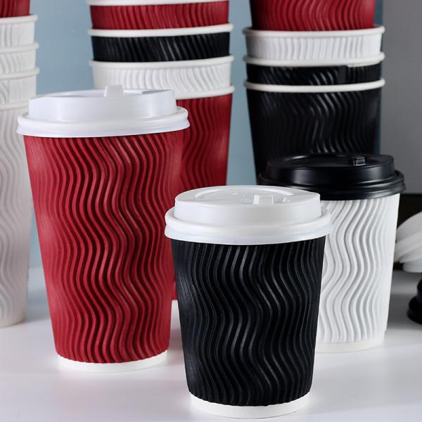 Black 8oz 12oz 16oz Paper Coffee Cups , Ripple Striped Corrugated Recyclable Paper Cups