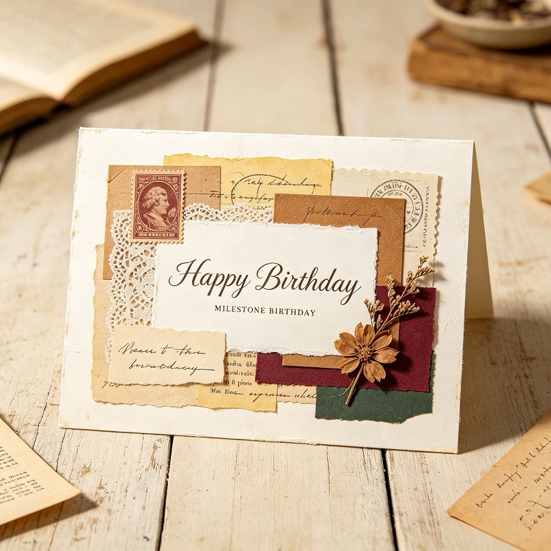 Vintage ephemera collage style milestone birthday cards with layered elements