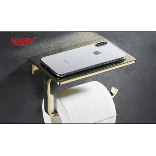 Wall Mounted Zinc Toilet Paper Holder Tissue Holder Roll Paper Holder Golden Color With Mobile Phone Shelf