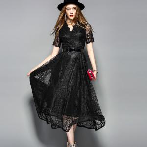 China Black wholesale  Belted Lace Dress for Women Clothing with zipper on sale