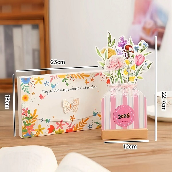 3D Desk Calendars With Die Cut Floral Design And Wooden Stand For Office Decor