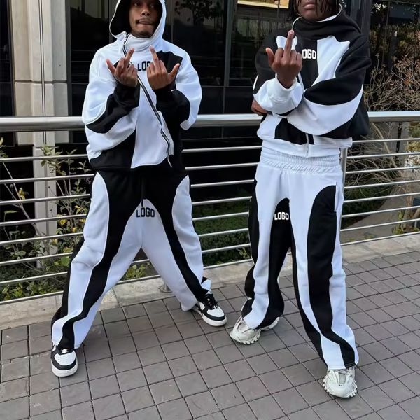 Custom Two Piece Strip Zipper Cotton Fleece Hoodie Track Pants Set Custom Patchwork Lightweight Hoodie Set Tracksuit