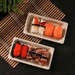 Cheap 11g Dinnerware Fast Food Biodegradable Bagasse Tableware Sushi Tray With Pet Lid for sale