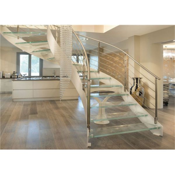 Interior Wrought Iron Curved Wooden Staircase , Floating Wood Stairs Customize Size