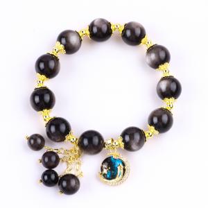 Cheap Genuine Stone 12MM Silver Obsidian Round Star With Moon Charm Crystal Bead Bracelet for sale