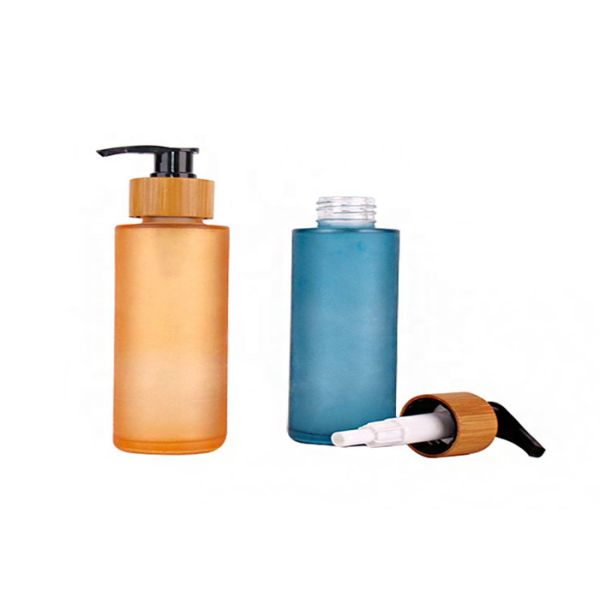 Refillable Frosted Glass Lotion Bottles Empty Cosmetic Bottles With Wooden Cover And Pump
