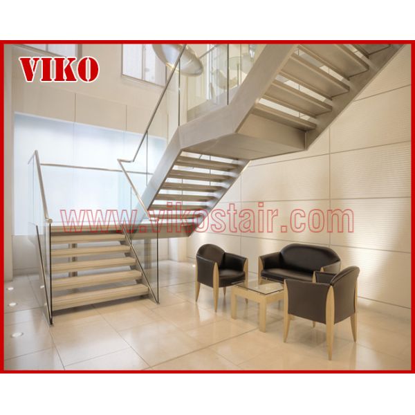 Double Steel Plate Staircase VK26S ,Carbon Steel Stringer,Stainless Steel,Power Coated,Beech Tread, Wooden