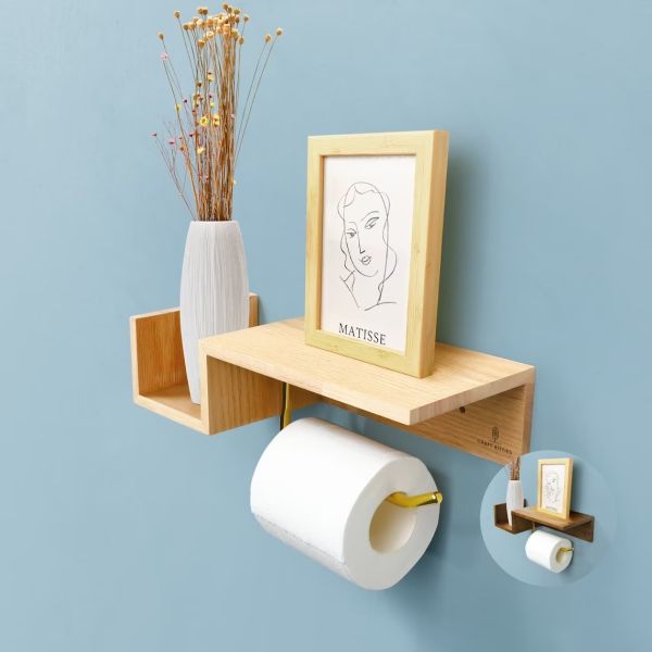 Wood Toilet Paper Holder Wooden Toilet Paper Holder with Macrame Style Phone Holder Easy Storage Wall Shelf