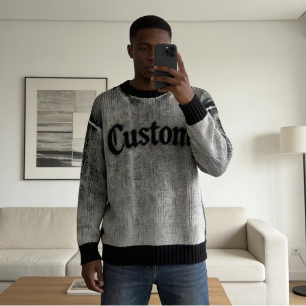Custom Vintage High Quality Jumper Top Tie Dye Jacquard Distressed Knit Crew Neck Streetwear Heavyweight Pullover Men's Sweater
