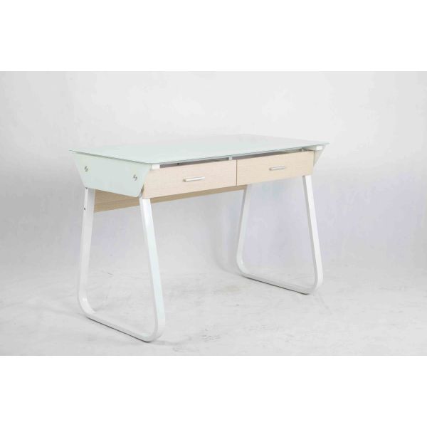 Metal Frame Modern Glass Office Desk Adjustable Base With 2 Wooden Drawers