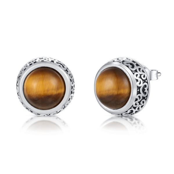 3.39gram Tiger Eye Stud Earrings Round Bezel Oil Black 925 Sterling Silver