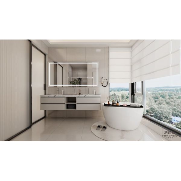 Light Gray Stainless Steel Bathroom Vanity with Dual Sink Smart Mirror