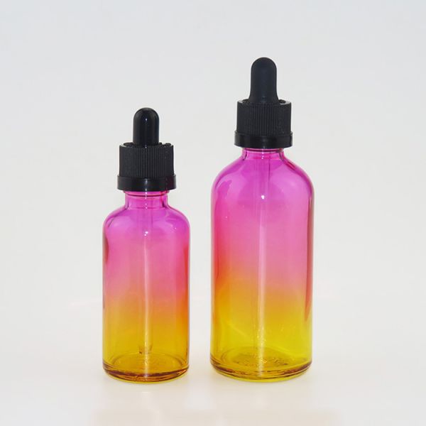 Round Color Gradient Glass Small Dropper Bottles , Olive Oil Glass Bottles With Sharp Pipette