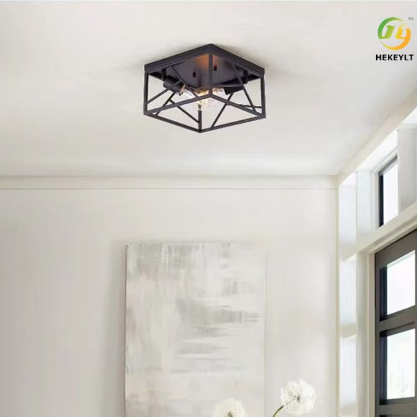 Retro Trapezoidal Farmhouse Ceiling Lamp Wrought Iron Imitation Wood Paint