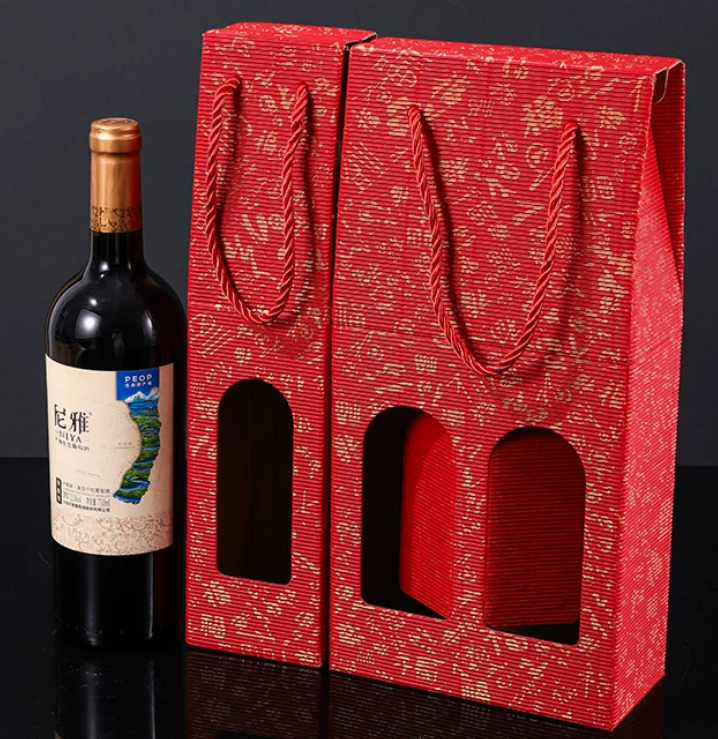 Corrugated Wine Packaging Boxes Window Rope Handle For Bottle Gift
