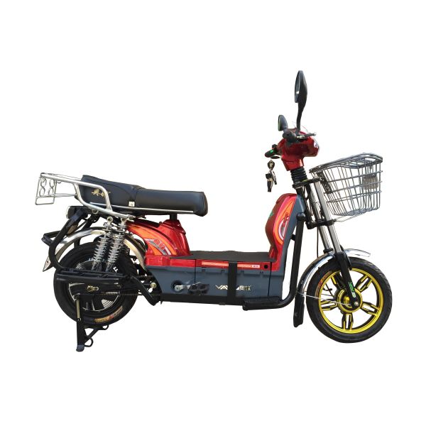 450W Adult Electric Bicycle Red Battery Operated Bikes With Motorcyle Seat Steel Frame