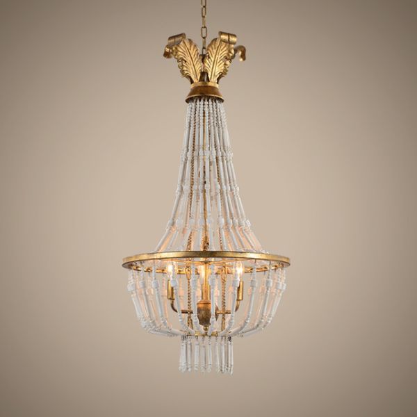 Wrought iron and wood light chandelier fixtures with Wood beads for Kitchen Dining room (WH-CI-40)