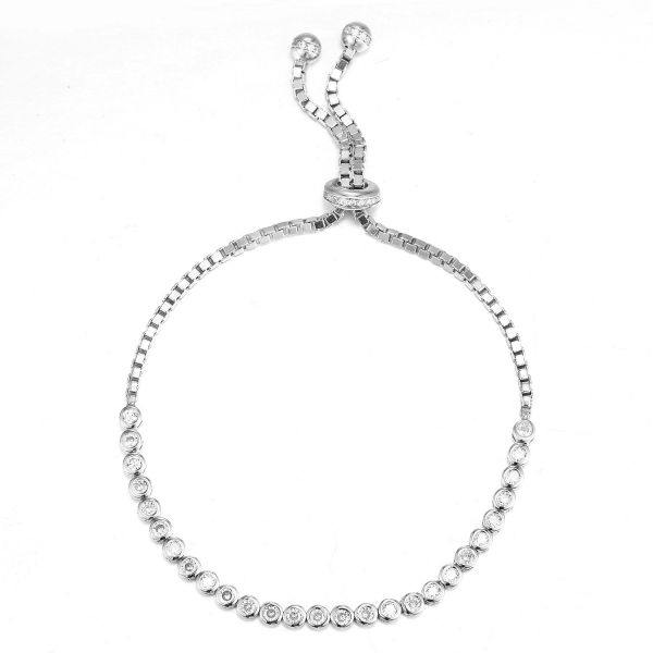 Sterling Silver CZ Bolo Bracelet 2.4mm Round Stone Solitaire Diamond Bracelet