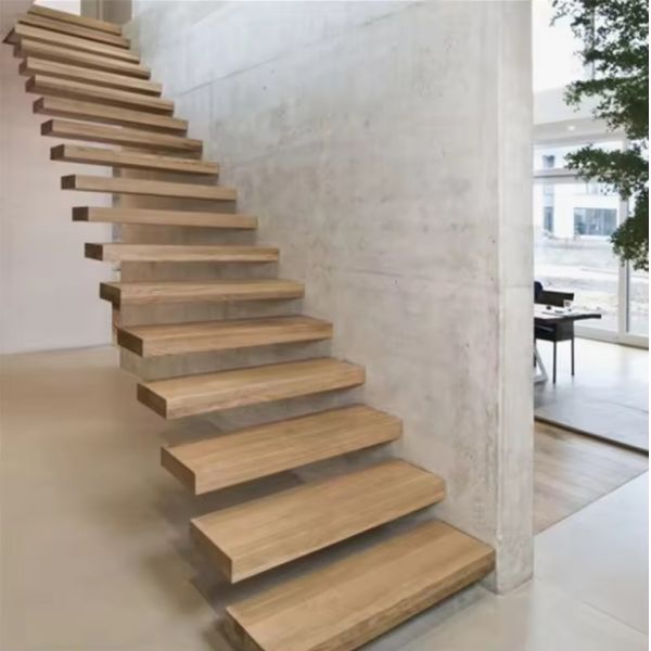 Modern Design Customized Floating Wooden Staircase with Safety Glass Railing