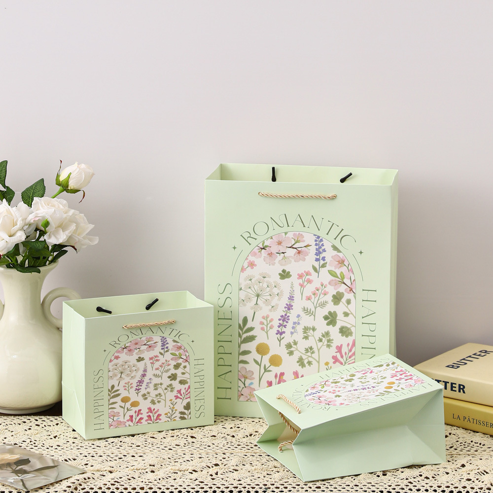 Floral Printed Paper Gift Bags with Rope Handles for Retail Packaging